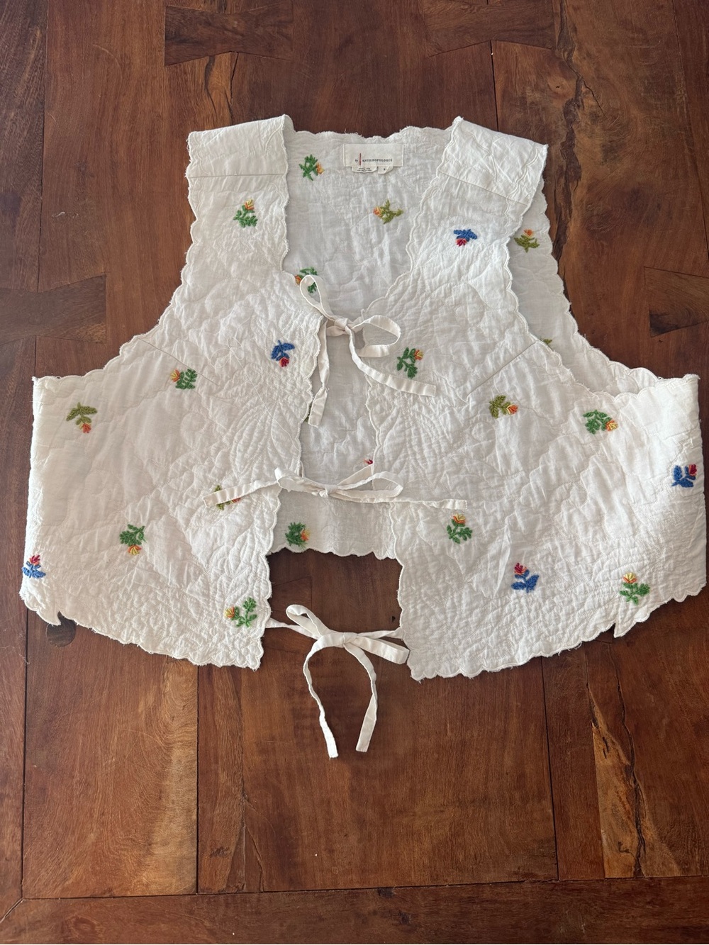 Anthropologie White Quilted Tie-Front Vest with Floral Embroidery